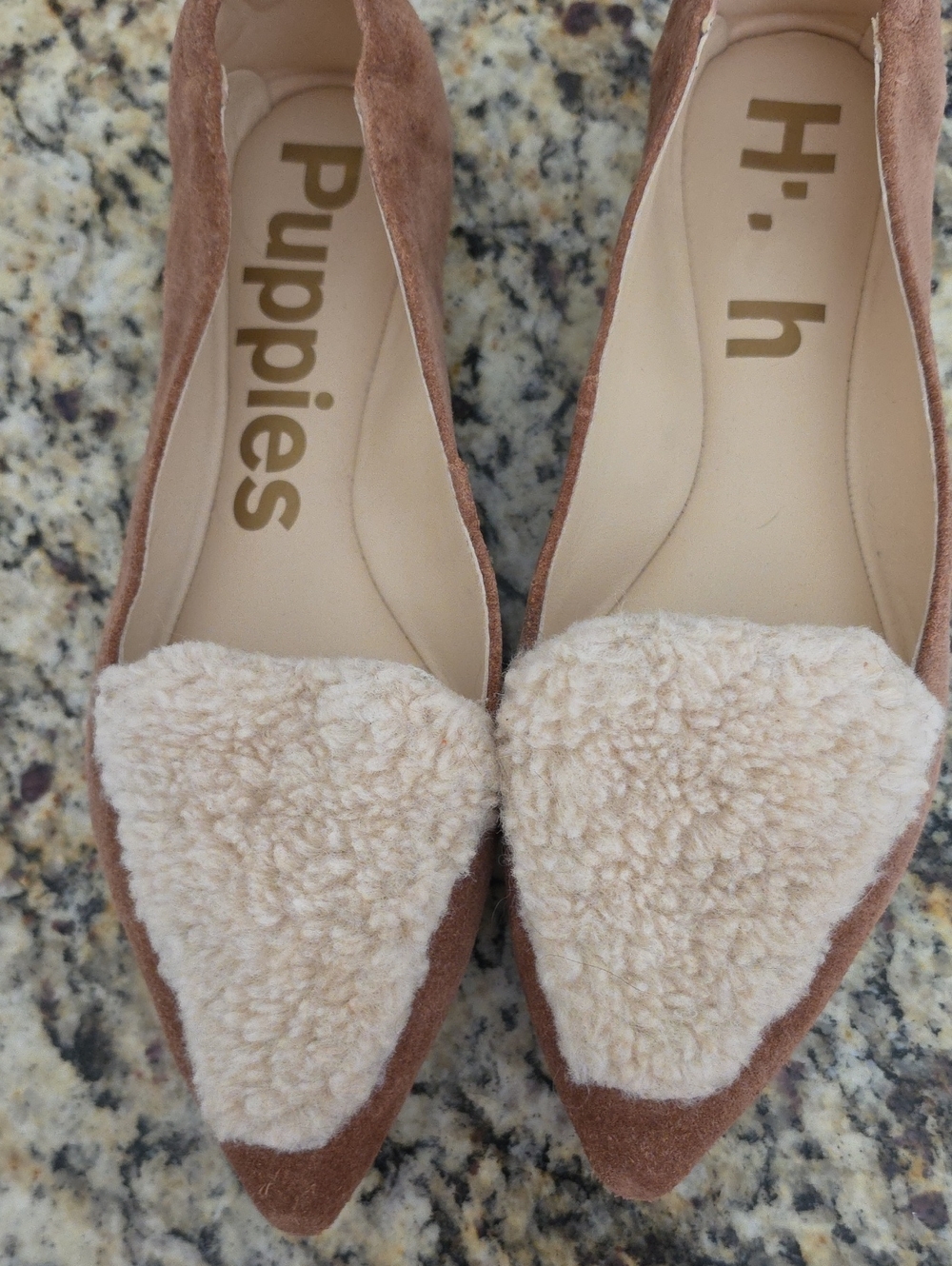 Hush Puppies Women's Tan Suede Flats with Cream Shearling Toe